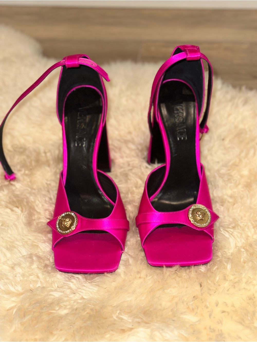 Fuchsia Versace Satin Ankle-Strap Heels with Gold Medallion